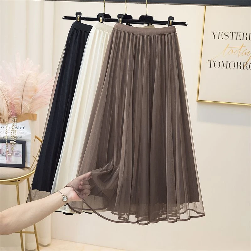 两面穿高端网纱半身裙女夏季2025新款高腰a字中长百褶裙垂感纱裙