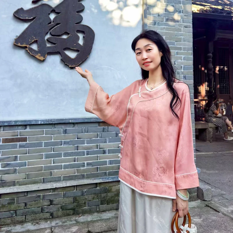 25姆米满桑植物染双色全孔罗圆领斜襟五福扣卡绳太太服12438-1