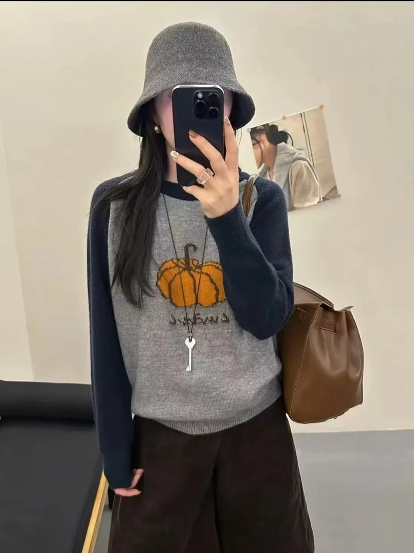 【南瓜提花】时尚百搭长袖针织T恤女2025年秋冬新款气质上衣