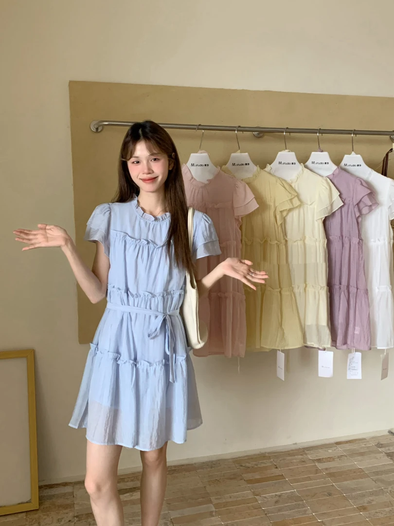 新款夏装甜美宽松圆领飞飞袖纯色娃娃气质减龄连衣裙小飞韩系
