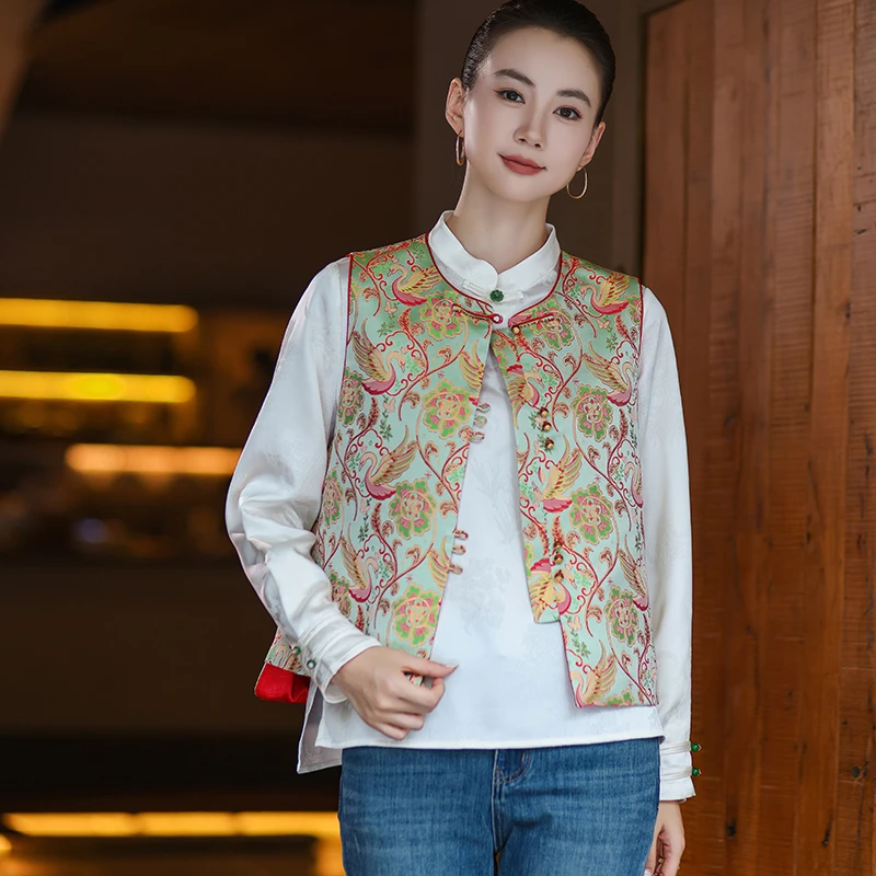 【天鹅湖】新中式宋锦提花国风复古马夹女2025秋季改良唐装马甲坎肩