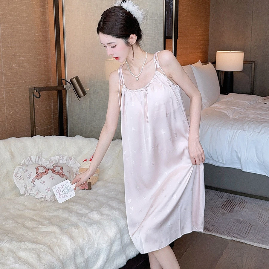 【蝴蝶梦境】冰丝睡衣女夏季蝴蝶印花吊带睡裙带胸垫甜美可外穿长裙