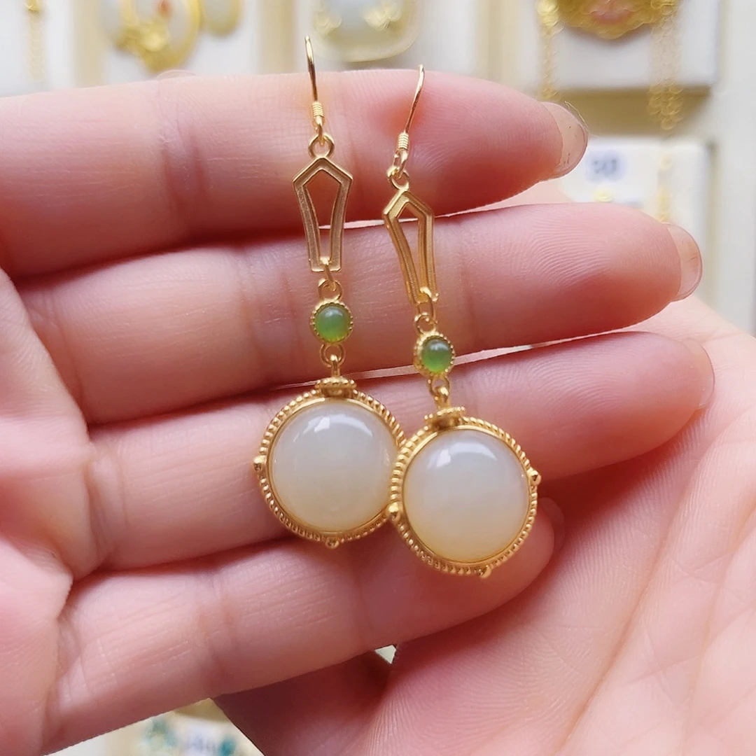 和田玉银S925镀金镶嵌耳饰