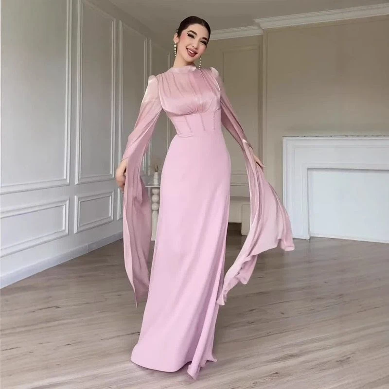 法式轻奢气质优雅长袖丝滑舒适柔美夏季复古性感开叉连衣裙长裙