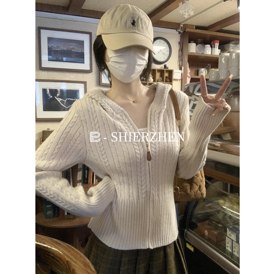 2024秋冬韩版连帽气质麻花老钱风北极绒设计感针织衫毛衣外套上衣