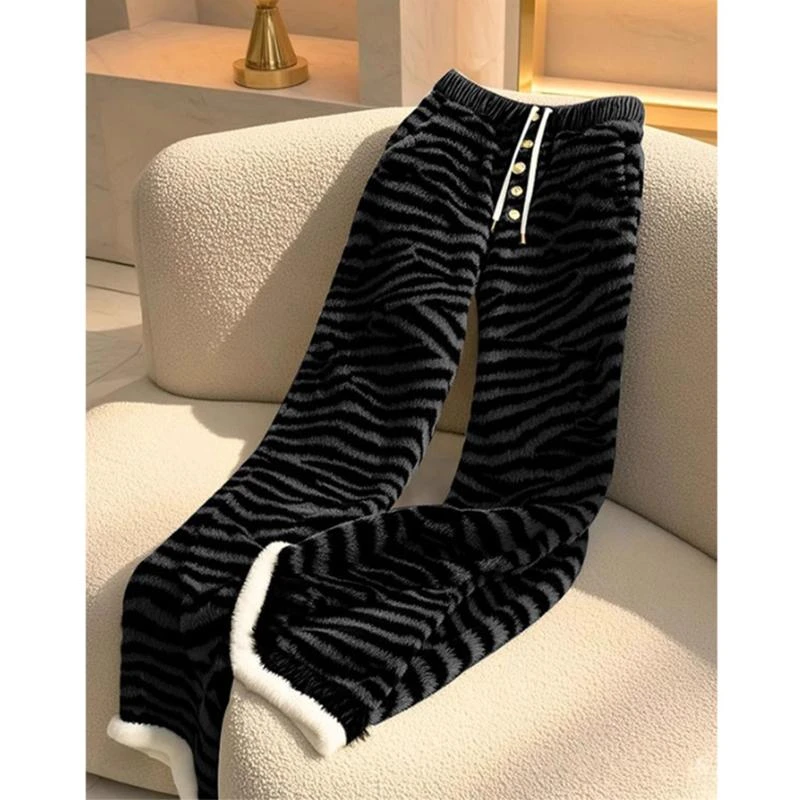 欧货2025冬季新款爆款阔腿裤松弛感豹纹毛绒直筒裤女卫裤休闲裤潮