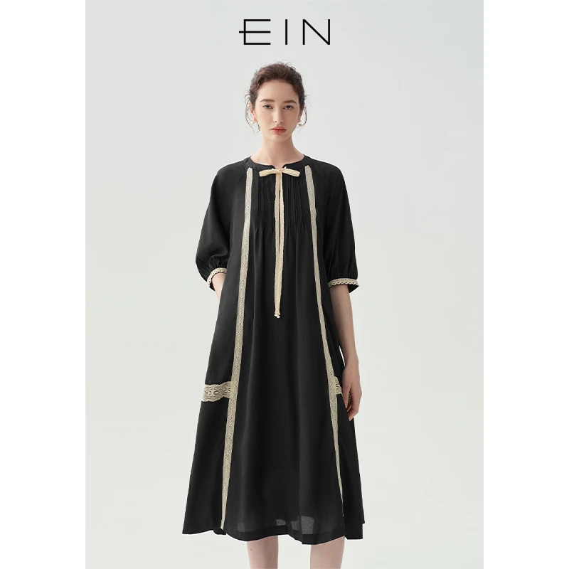 EIN/言2025轻法式小黑裙系带蕾丝拼接七分袖A型连衣裙女