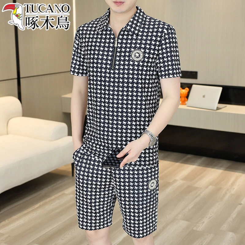 休闲运动套装男士夏季潮流千鸟格半拉链短袖短裤两件套一整套搭配