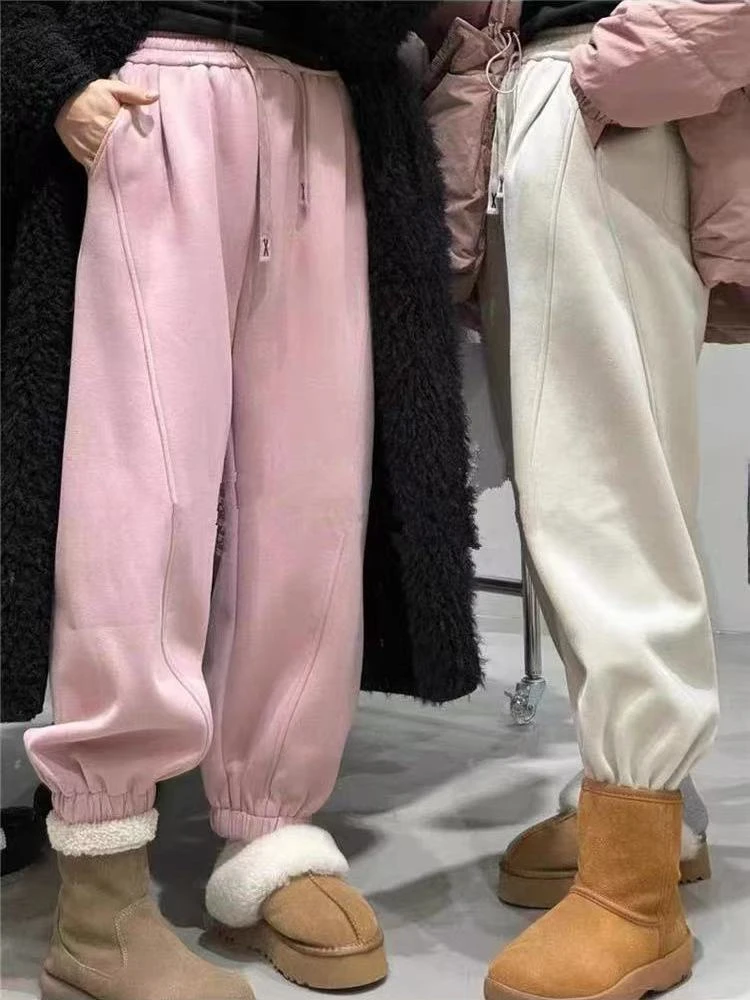 超好看小个子宽松加绒束脚哈伦裤女冬季新款高腰显瘦运动九分卫裤