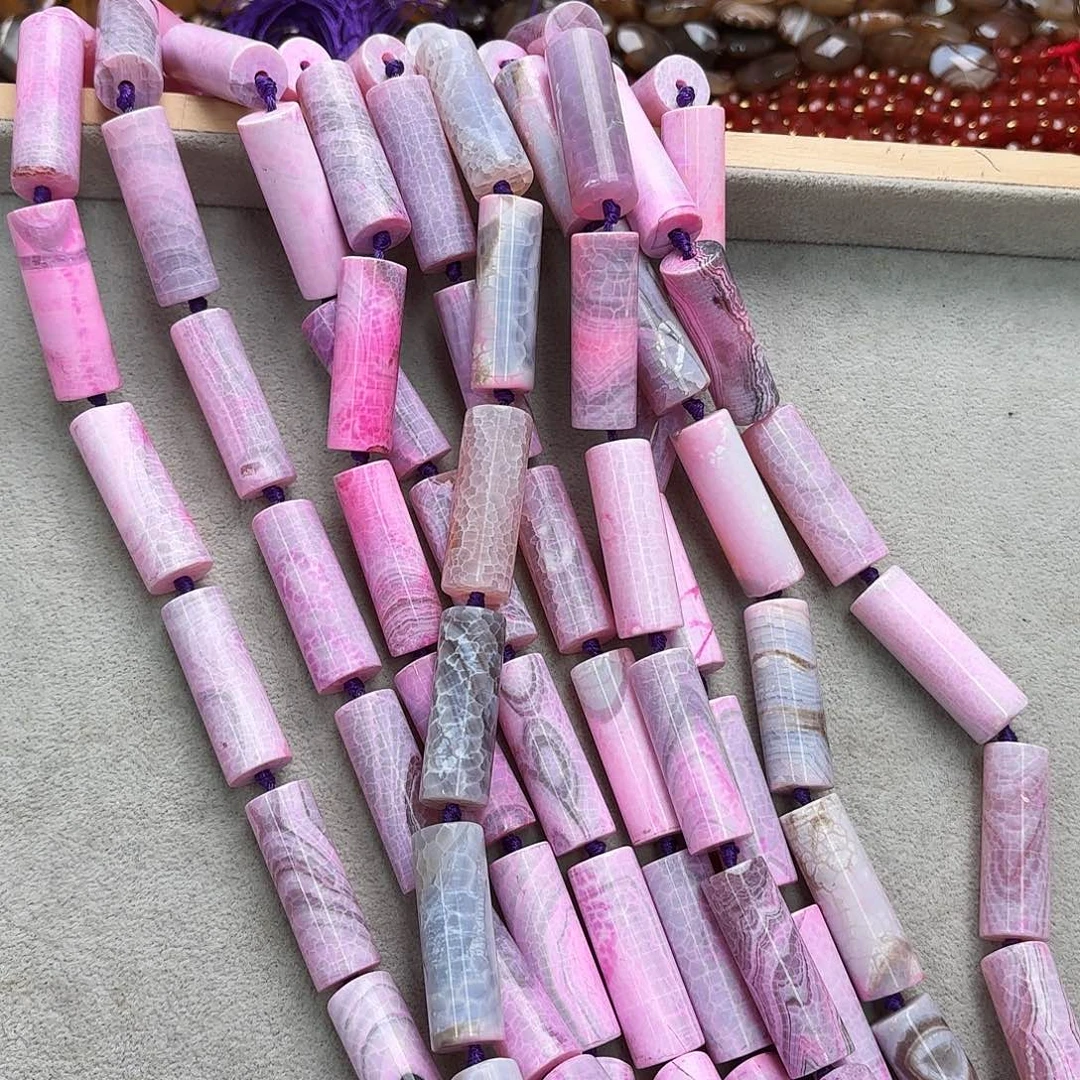 玛瑙/玉髓未镶嵌珠宝半成品12×38粉奶皮龙纹柱子一条