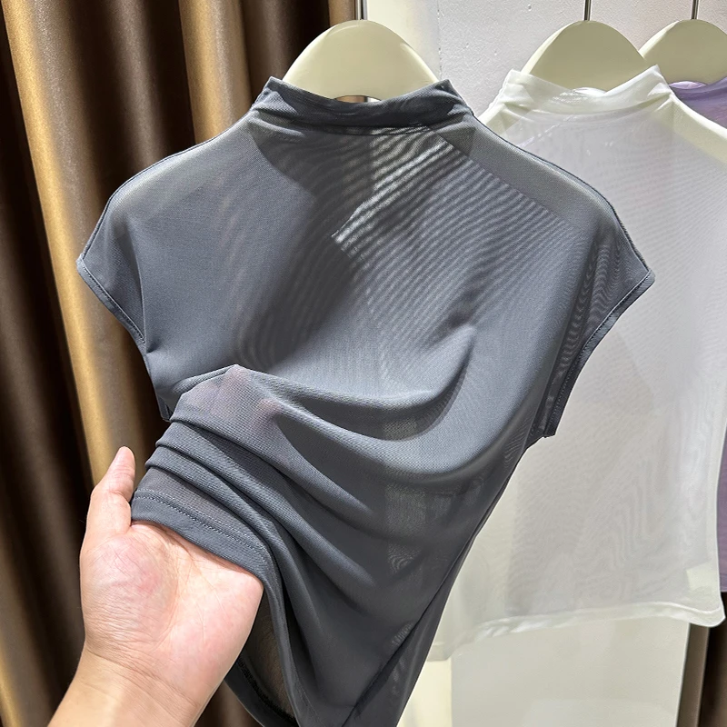 太空感网纱插肩短袖T恤女夏季半高领薄款镂空透明上衣蕾丝打底衫