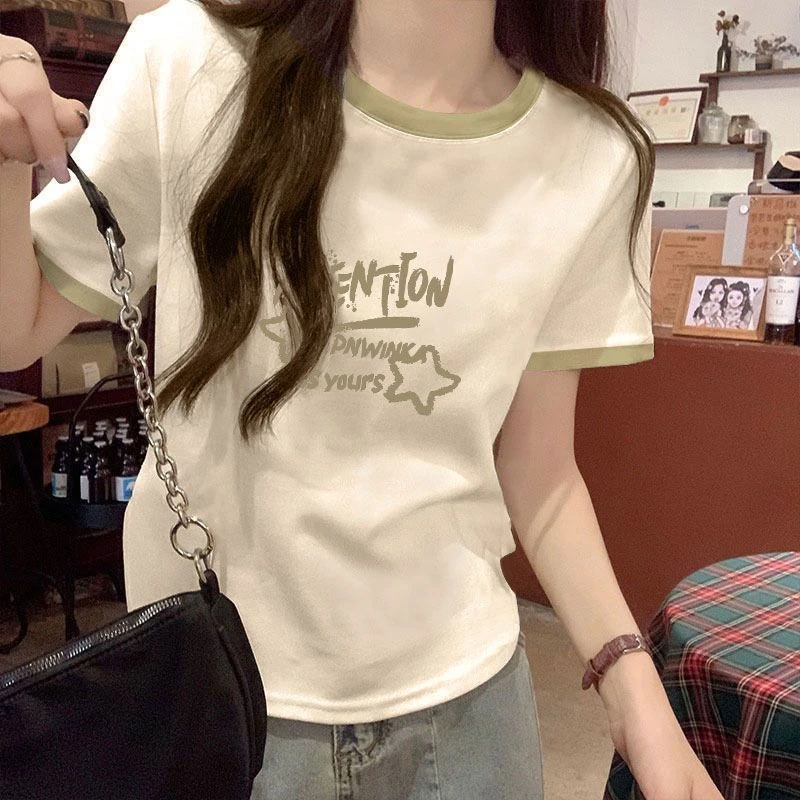 设计感小众撞色拼接圆领正肩慵懒风女纯棉短款短袖t恤夏季新款ins