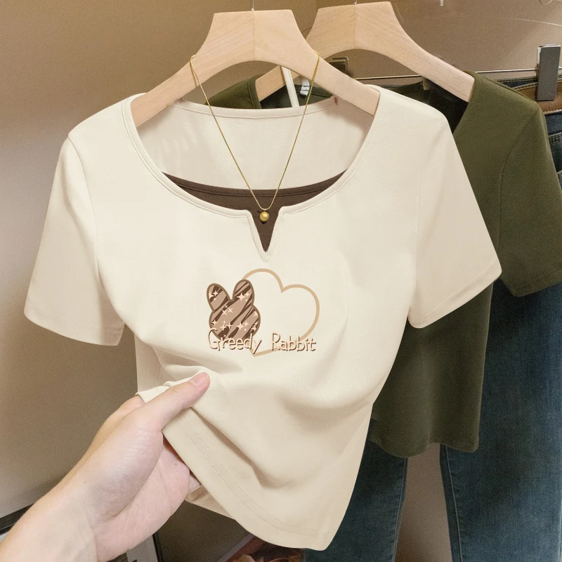 夏季新款假两件设计感女装上衣2025拼接修身正肩休闲风短袖T恤潮