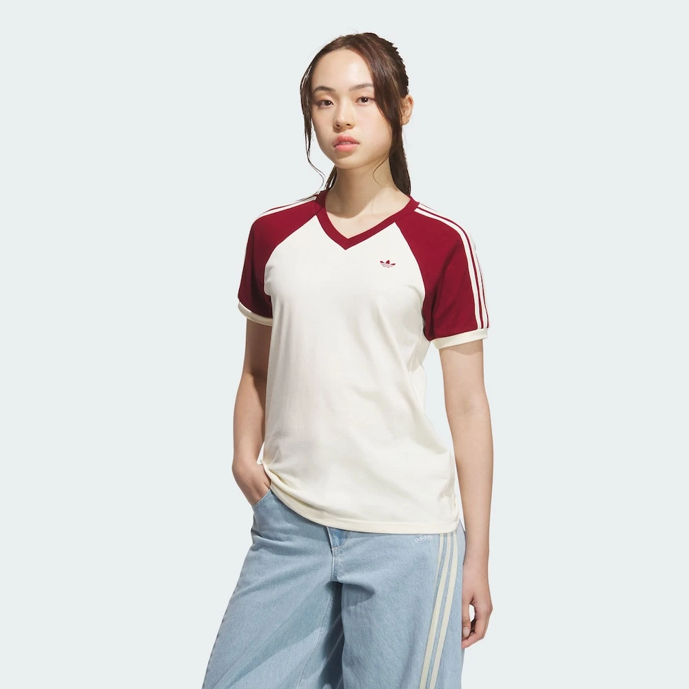 ADIDAS三叶草经典休闲纯棉运动插肩显瘦短袖V领T恤 KF0316/KE6163