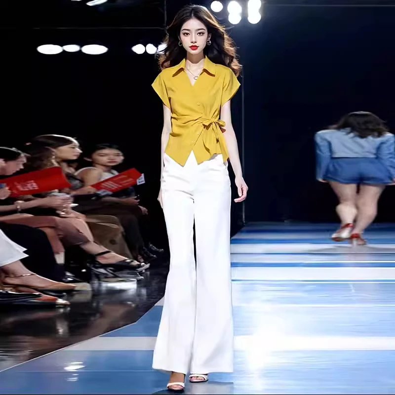 拉夏贝尔短袖衬衣阔腿裤两件套女夏季新款气质显瘦设计感洋气套装