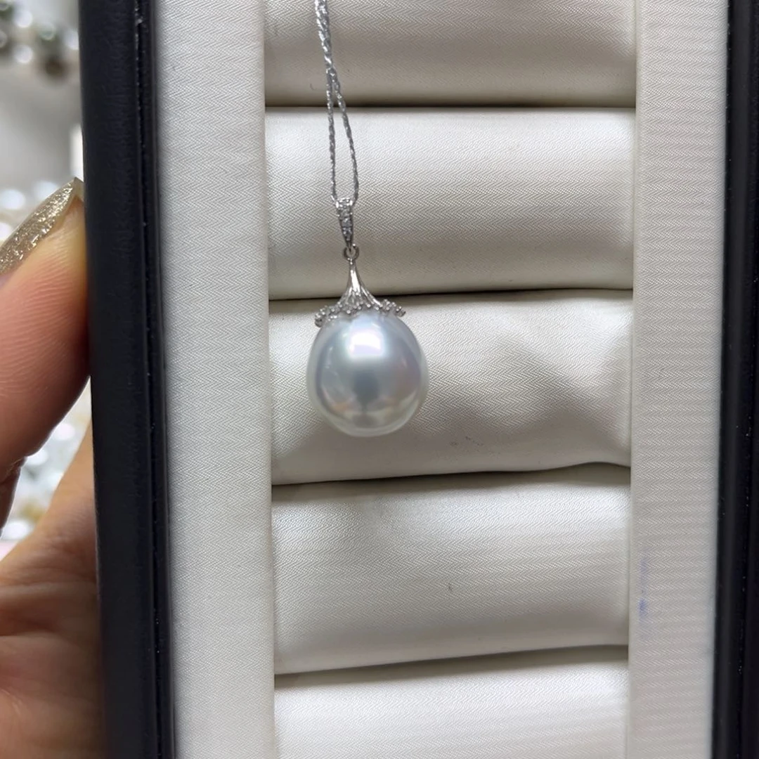 海水珍珠18K金镶嵌吊坠(不含链)12-13mm梨花头澳白