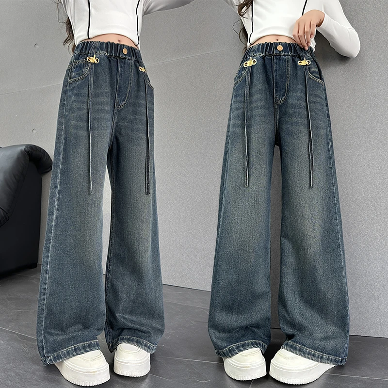 女童牛仔裤春秋儿童时髦阔腿裤2025新款女中大童6-12岁韩版直筒裤