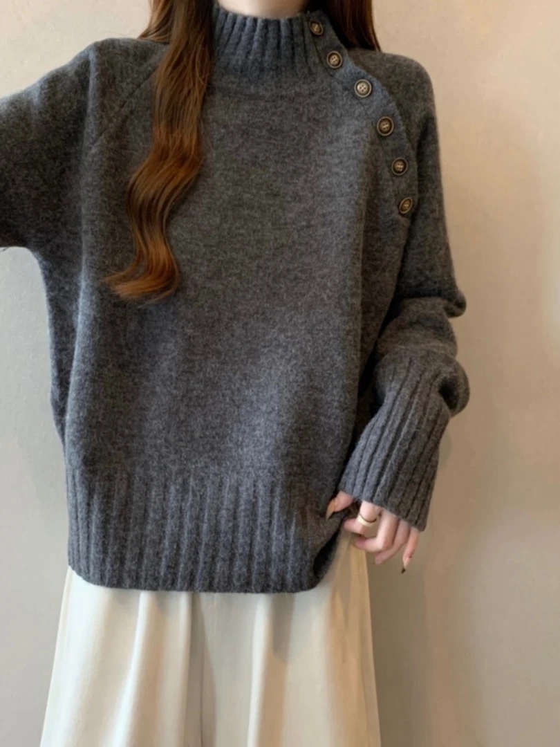 2025秋冬新款半高领灰色毛衣上衣大码女装胖mm宽松慵懒加厚针织衫