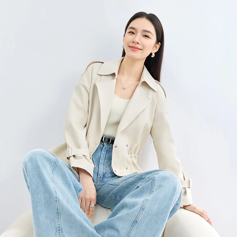 尚都比拉小众短款翻领落肩长袖抽绳松紧收腰显瘦小个子风衣52947