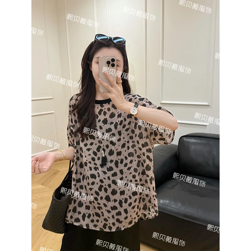 熙贝薇8【定制豹纹款】100苎麻夏季设计感宽松半袖T恤上衣 G7895