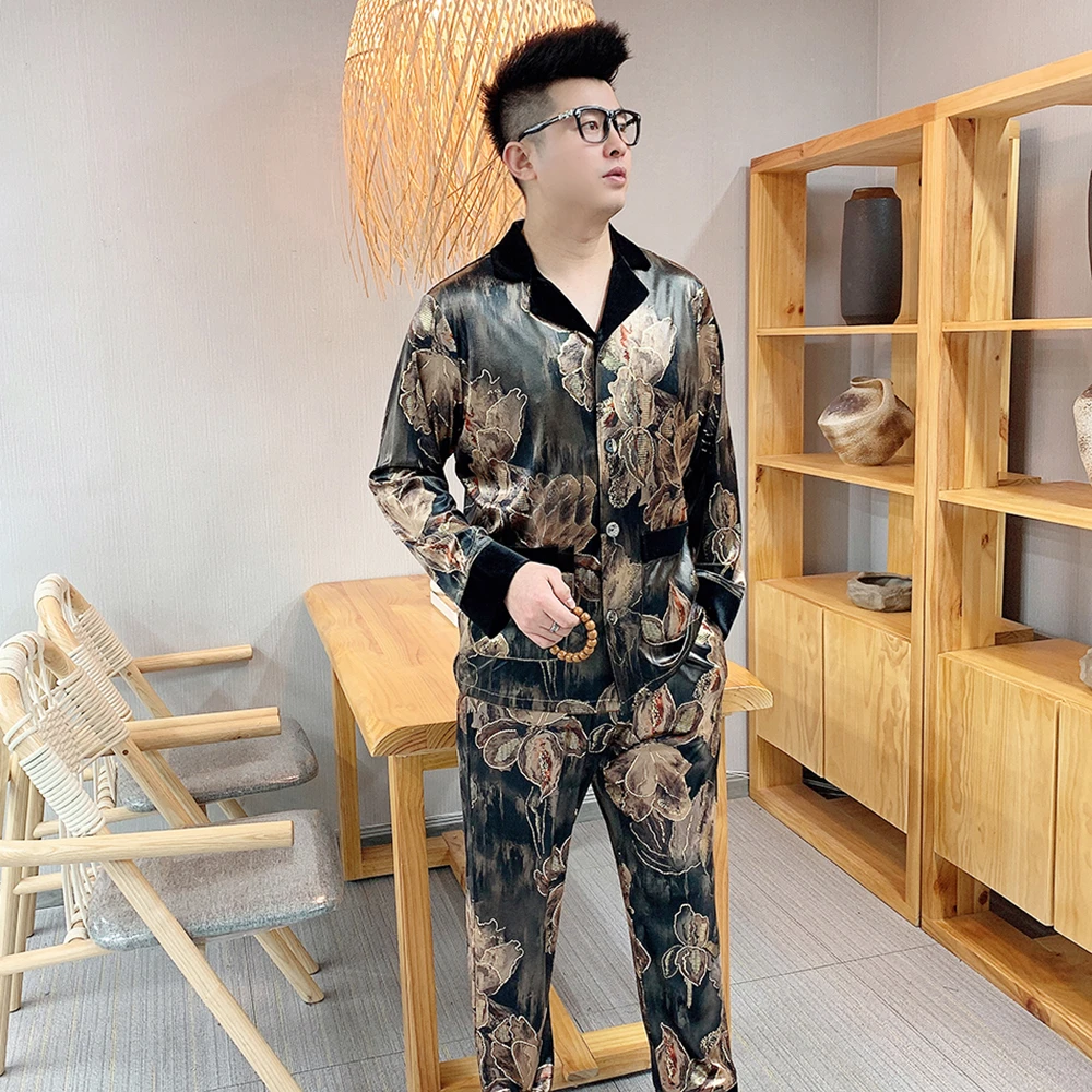 印花男士金丝绒烫金睡衣套装2025春秋高品质奢华弹力可外穿家居服