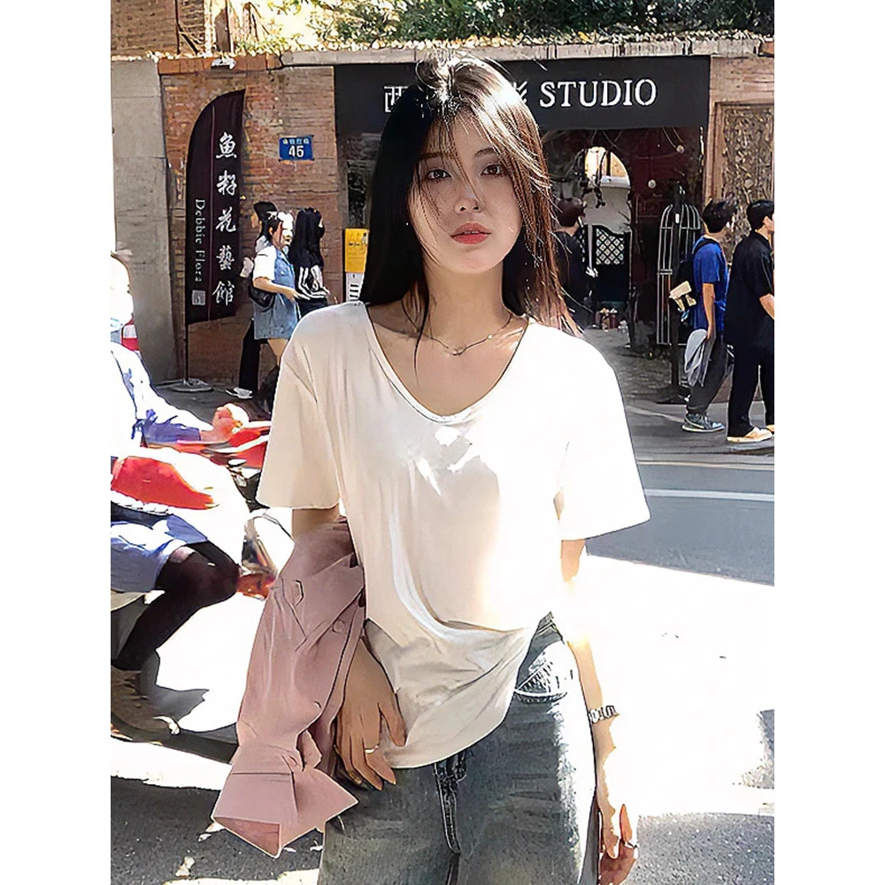 夏季新款女休闲简约百搭显瘦设计感宽松慵懒纯色大领感短袖恤