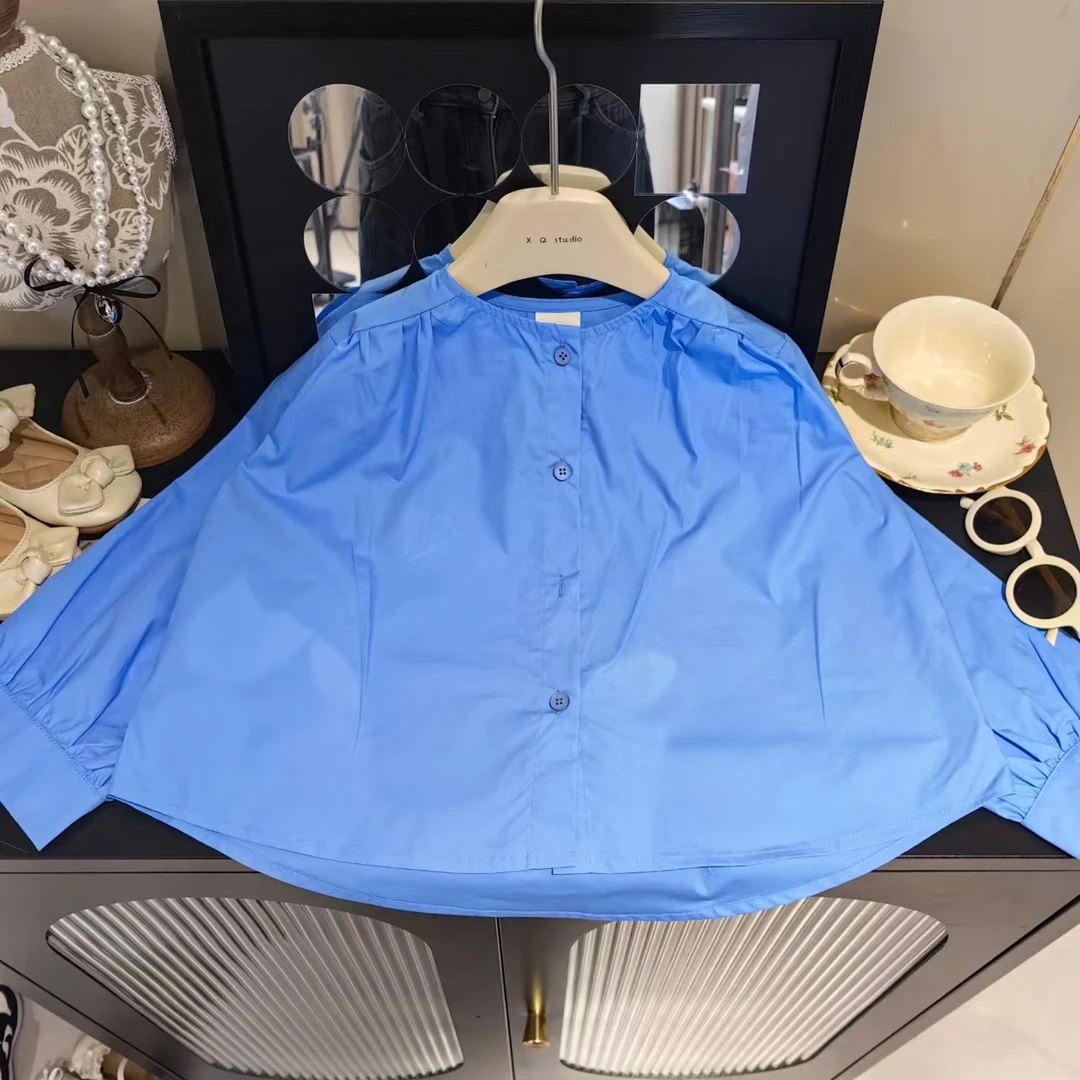 女童春季泡泡袖衬衫翻领蓝色韩版洋气衬衣儿童上衣F0038