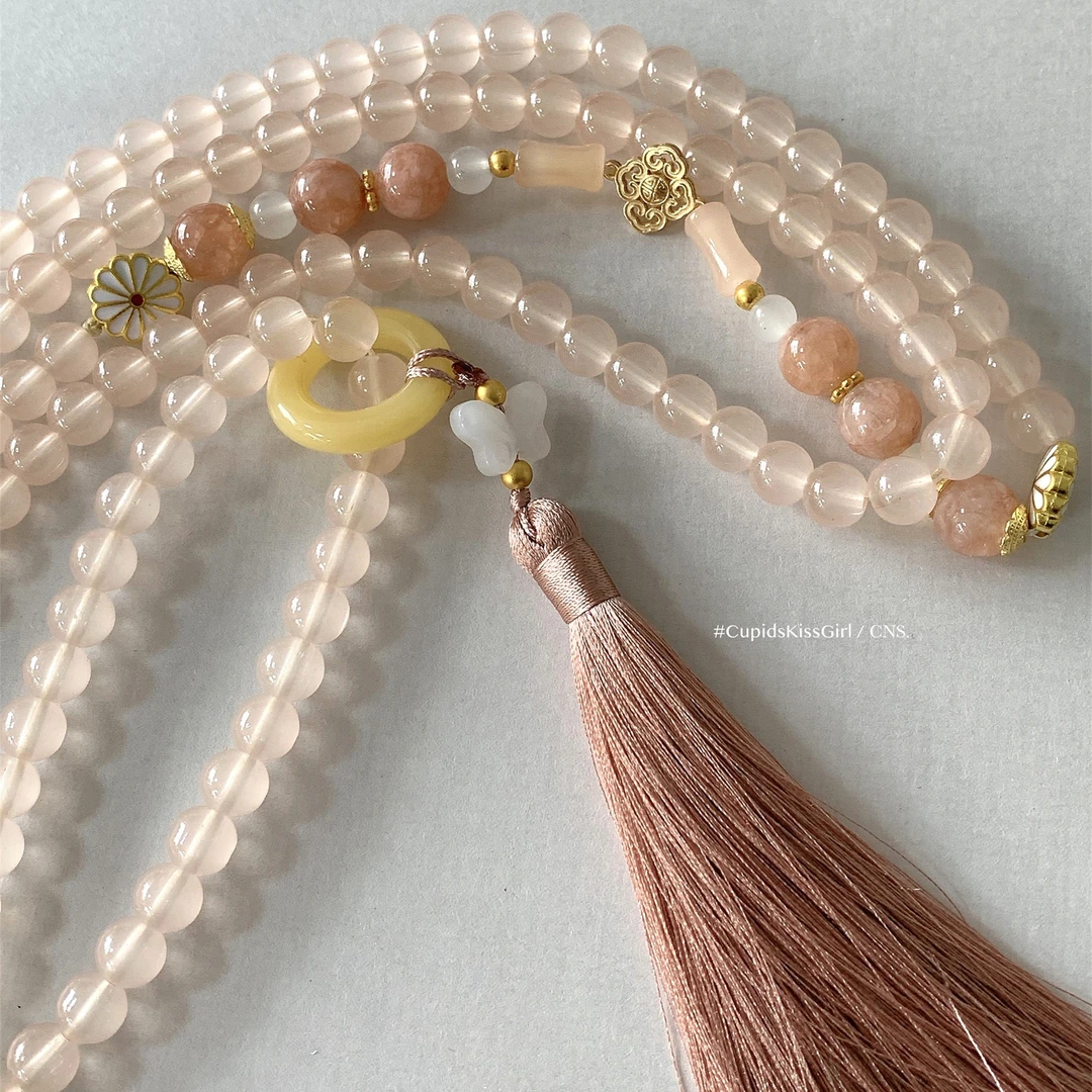 铜合金项链 国风肉藕粉色串珠流苏项链女新中式高级感长款斜挎链