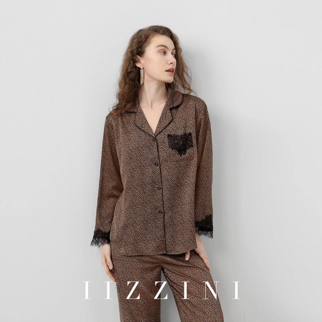 IIZZINI金蔓咖 睡衣女春秋长袖冰丝复古豹纹奢华高级感家居服套装