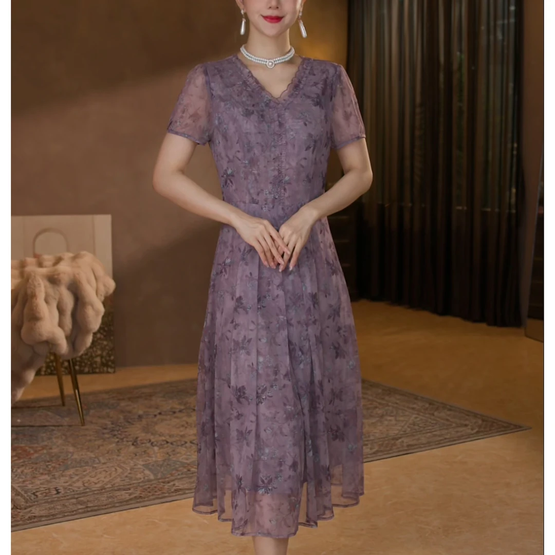 【香妮芬】83373水晶纱紫色连衣裙2025新款修身田园风气质优雅