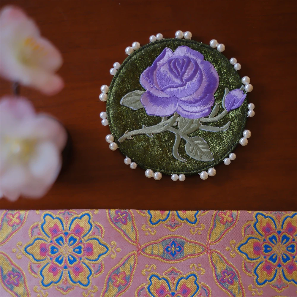 问春风【玫影沁香】墨绿色圆形珍珠小茶垫茶席防烫隔热茶垫直径10cm