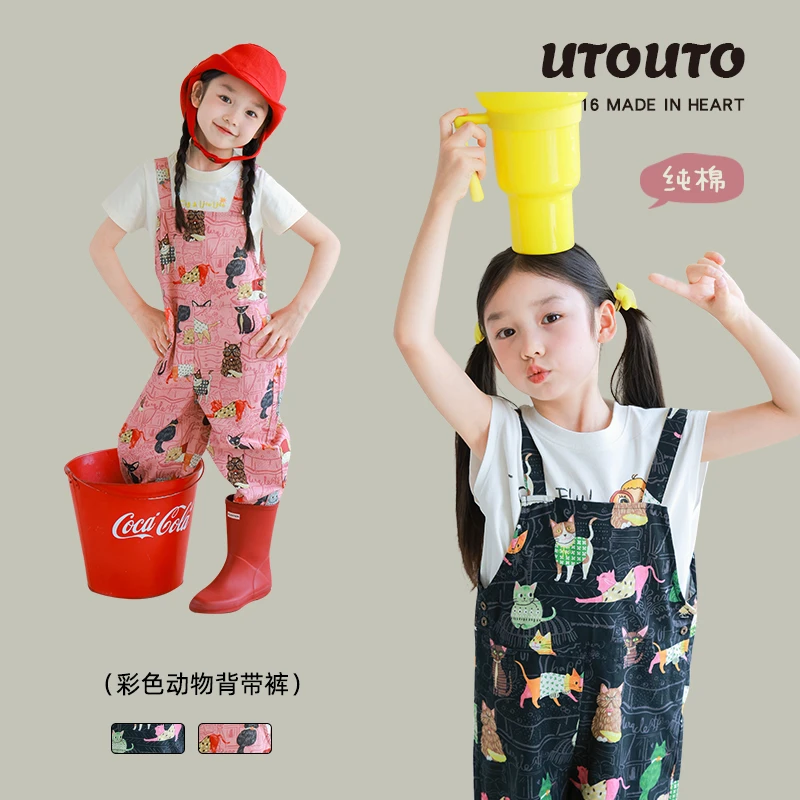 utouto大耳象女童动物背带裤2025夏季新款纯棉满印薄裤子2503233