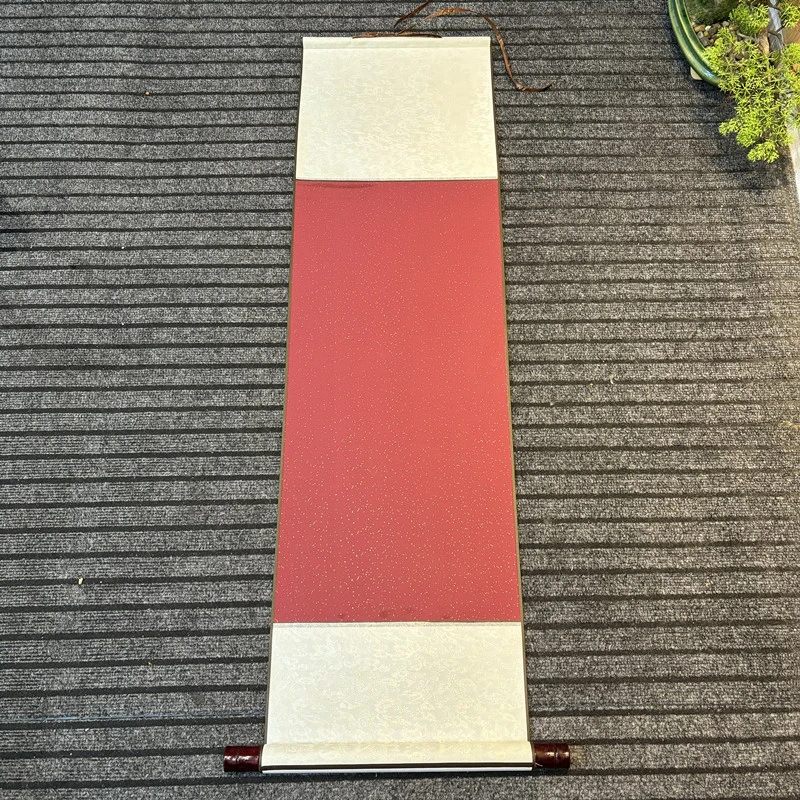 水墨景[32*68酒红色鱼籽金]四尺四开蜡染半生半熟全绫空白卷轴