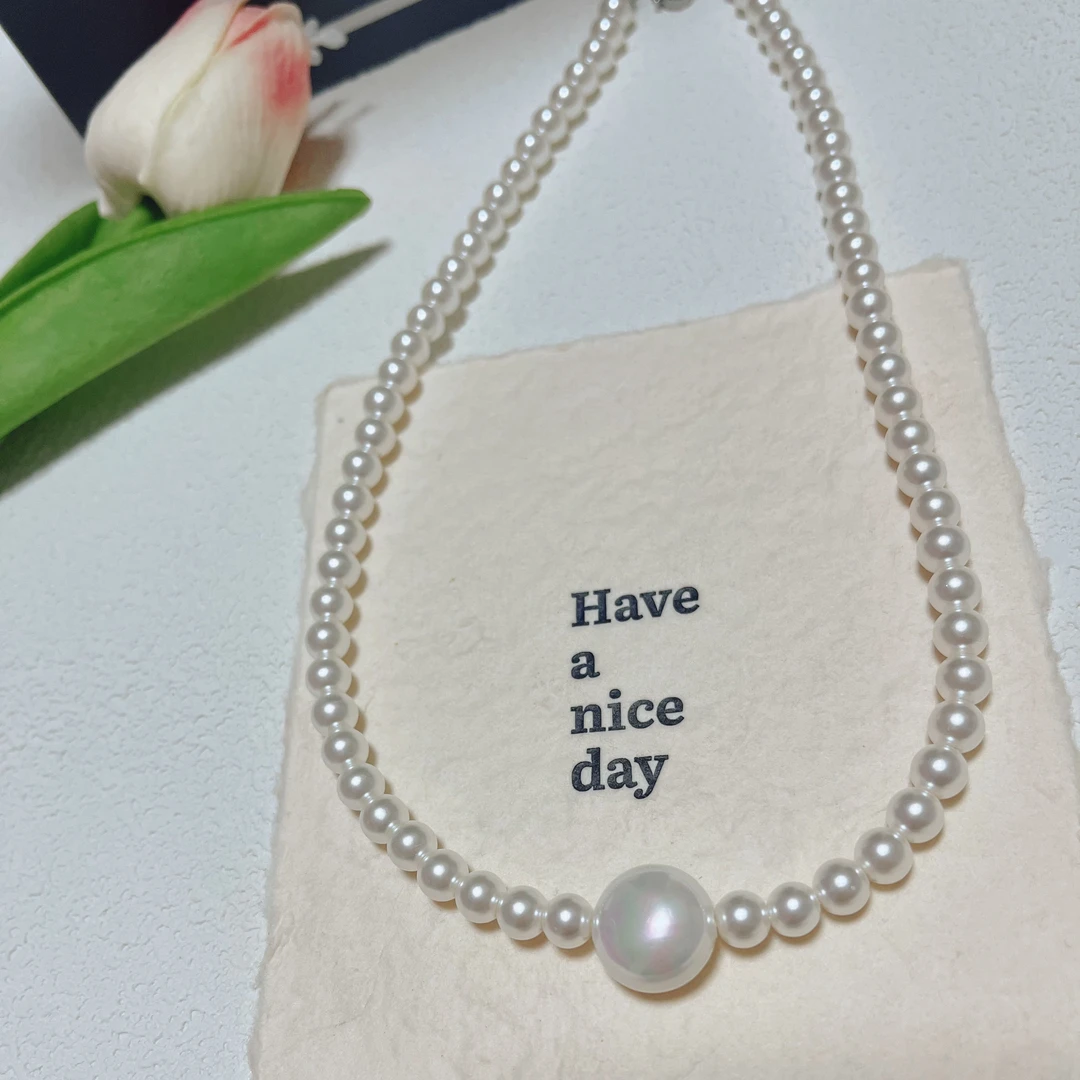 钛钢仿珍珠项链 2540钛钢法式高级感人鱼姬贝珠锁骨项链（长45）