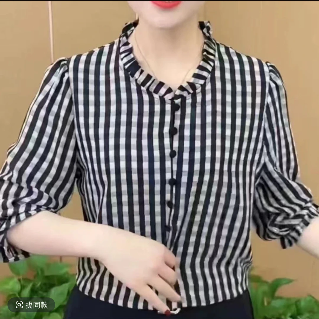 女士洋气条纹宽松修身百搭别致衬衫