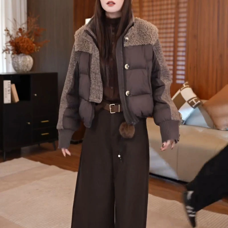 2025新款设计感慵懒风撞色外套拼接保暖加厚棉服女