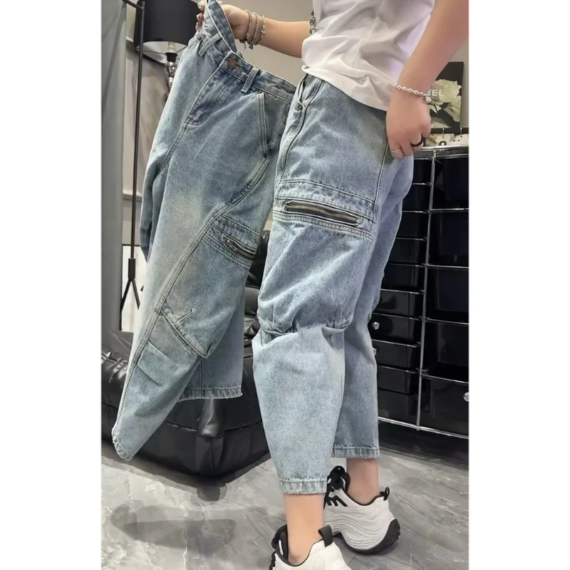 Aimeerosa/艾洛莎早春新款牛仔裤高腰显瘦九分裤潮流小众工装裤子