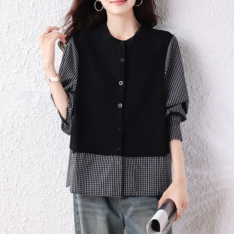 【女神新衣】2025秋季新款胖时尚舒适设计感条纹拼接假两件外穿衬衫