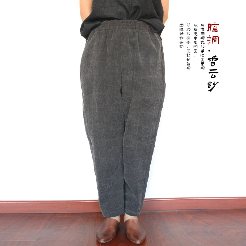 陌上手作桑蚕丝香云纱灰龟纹休闲九分裤 女士宽松个性休闲小脚裤