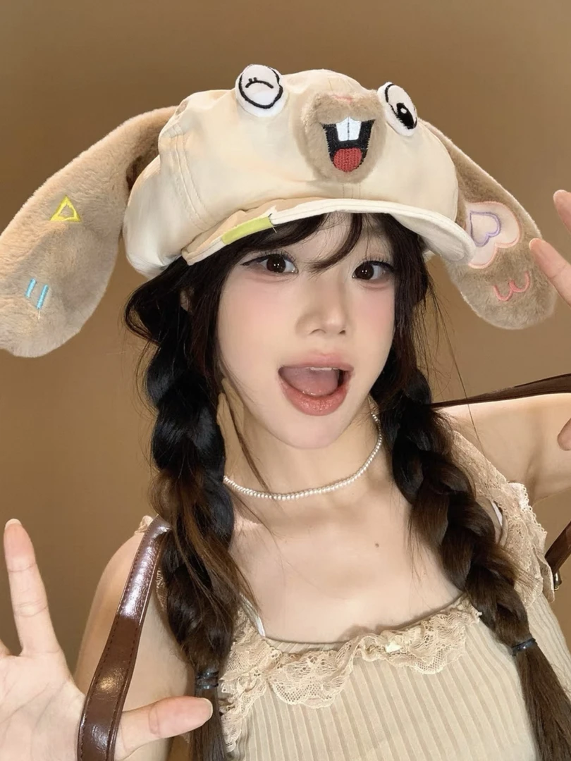 可爱卡通垂耳兔贝雷帽女2025新款显脸小云朵画家帽大头围八角帽子