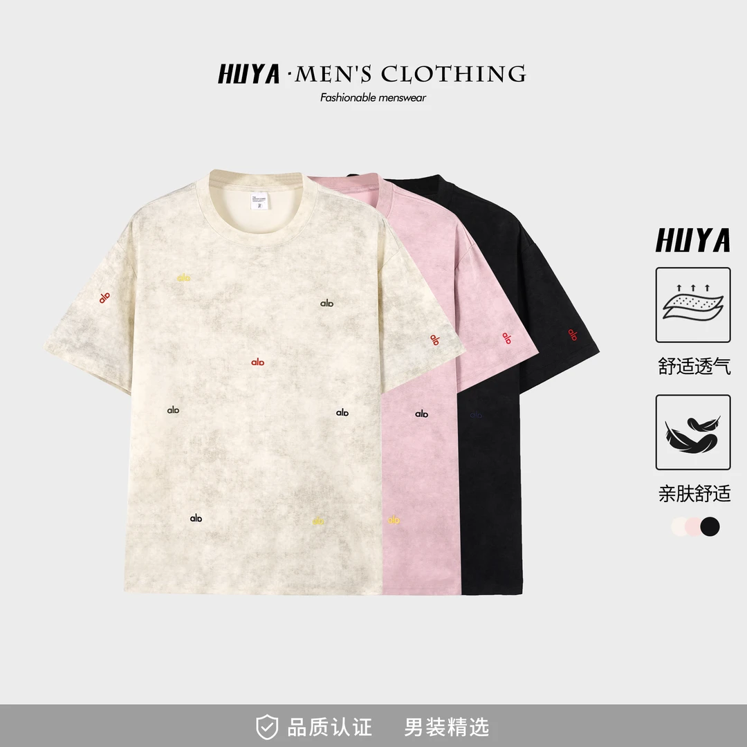 虎牙兄弟夏双面扎染刺绣字母圆领短袖舒适凉感透气T恤男士Z5950