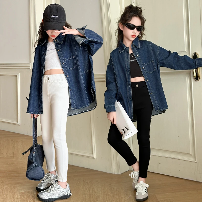 女童洋气牛仔衬衫外套2025春季新款大童女孩复古百搭上衣时髦春装