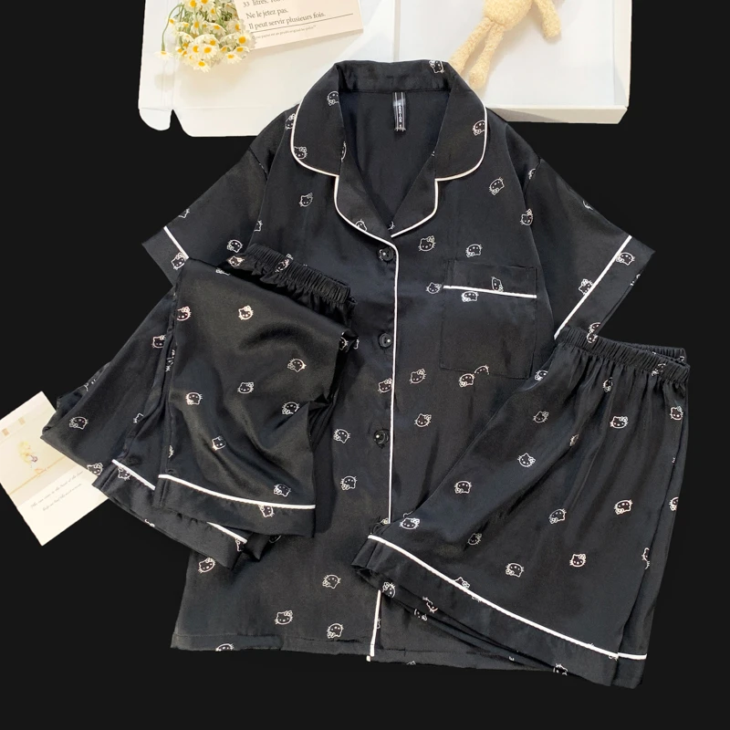 2025爆款冰雪丝夏翻领短袖薄款黑色kt猫三件套带胸垫冰雪丝睡衣