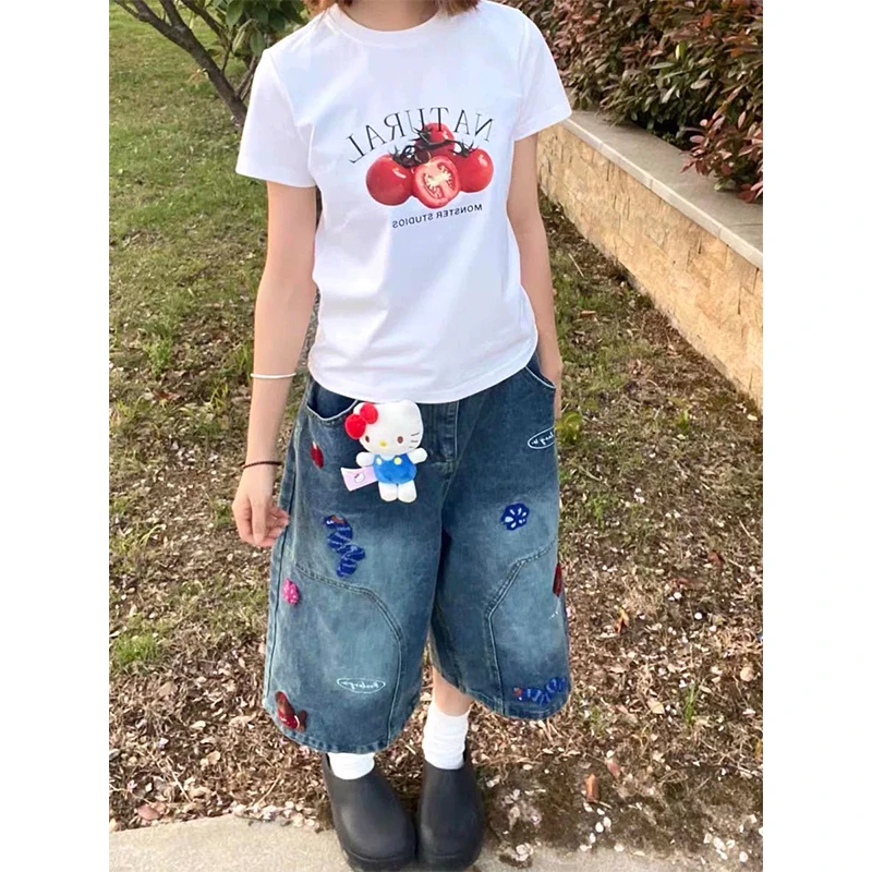 大码设计感做旧水洗宽松牛仔七分裤女夏季新款小个子直筒休闲短裤