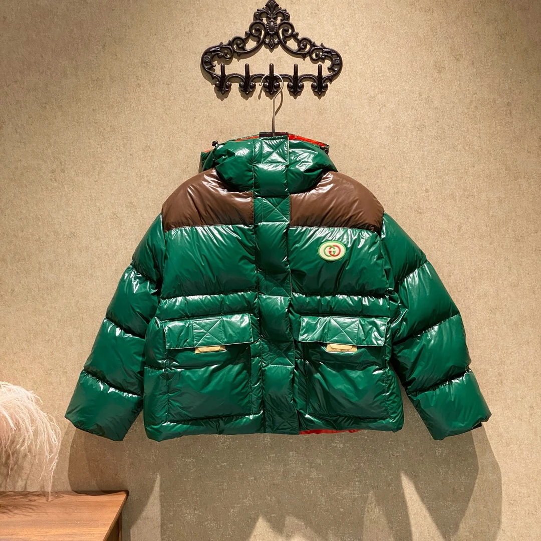 99新 GUCCI/古驰 撞色亮面刺绣徽标logo连帽羽绒服/38码/35055