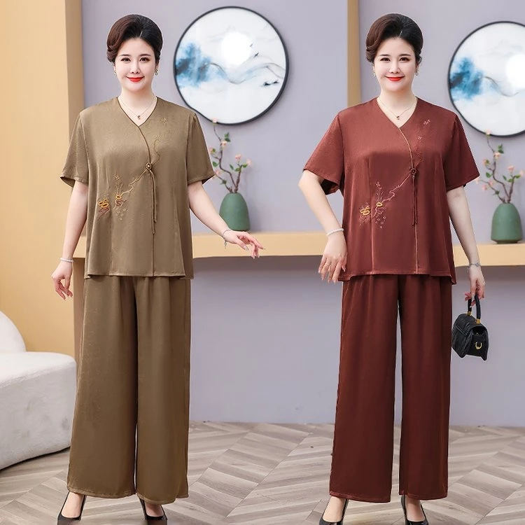 【115斤-230斤】2025夏季大码妈妈装中老年新中式时尚休闲短袖套装