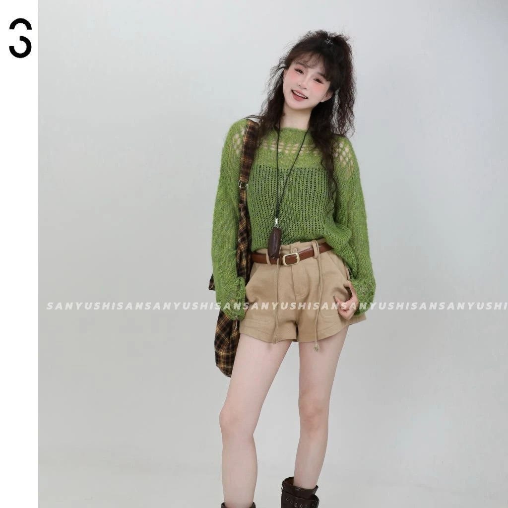 三与十三|绿草如荫|春季镂空圆领宽松针织衫慵懒风长袖罩衫上衣