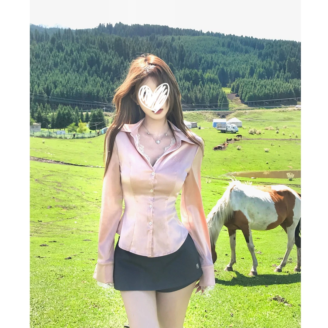 【甜心恋人】POLO领纯欲辣妹早秋衬衫收腰修身衬衣短裙套装女