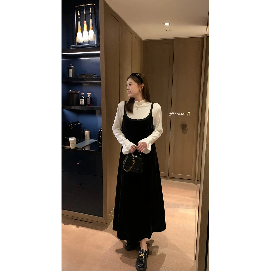 现货大婉酱微胖定制黑色丝绒吊带连衣裙女冬高级感气质长裙 7854D