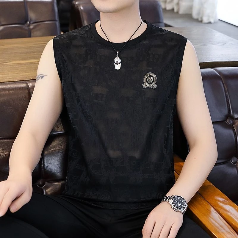 上衣男士背心男装健身夏季速干无袖大码透气外穿薄款印花圆领网眼